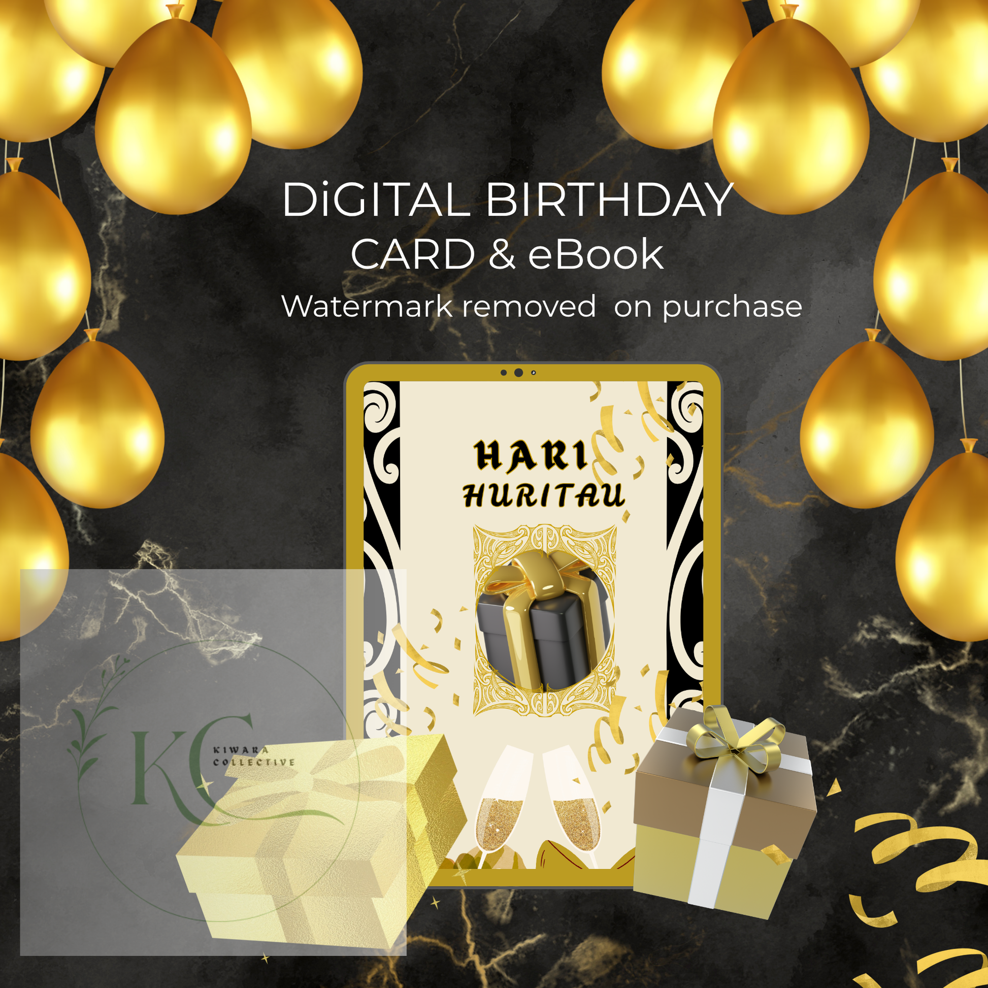 Bilingual Digital Birthday Card (Editable PDF + Bonus eBook) Black & Gold Theme