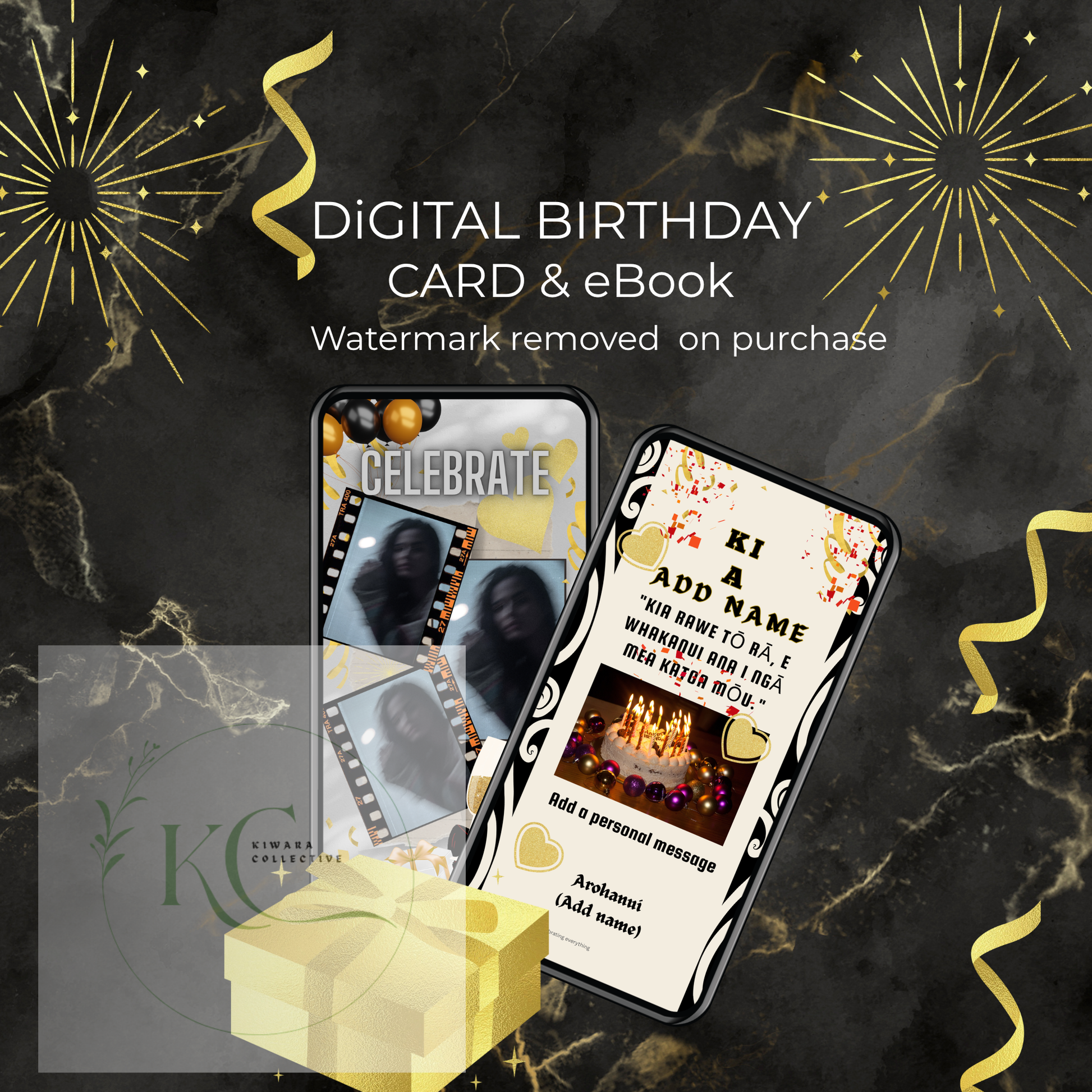 Bilingual Digital Birthday Card (Editable PDF + Bonus eBook) Black & Gold Theme