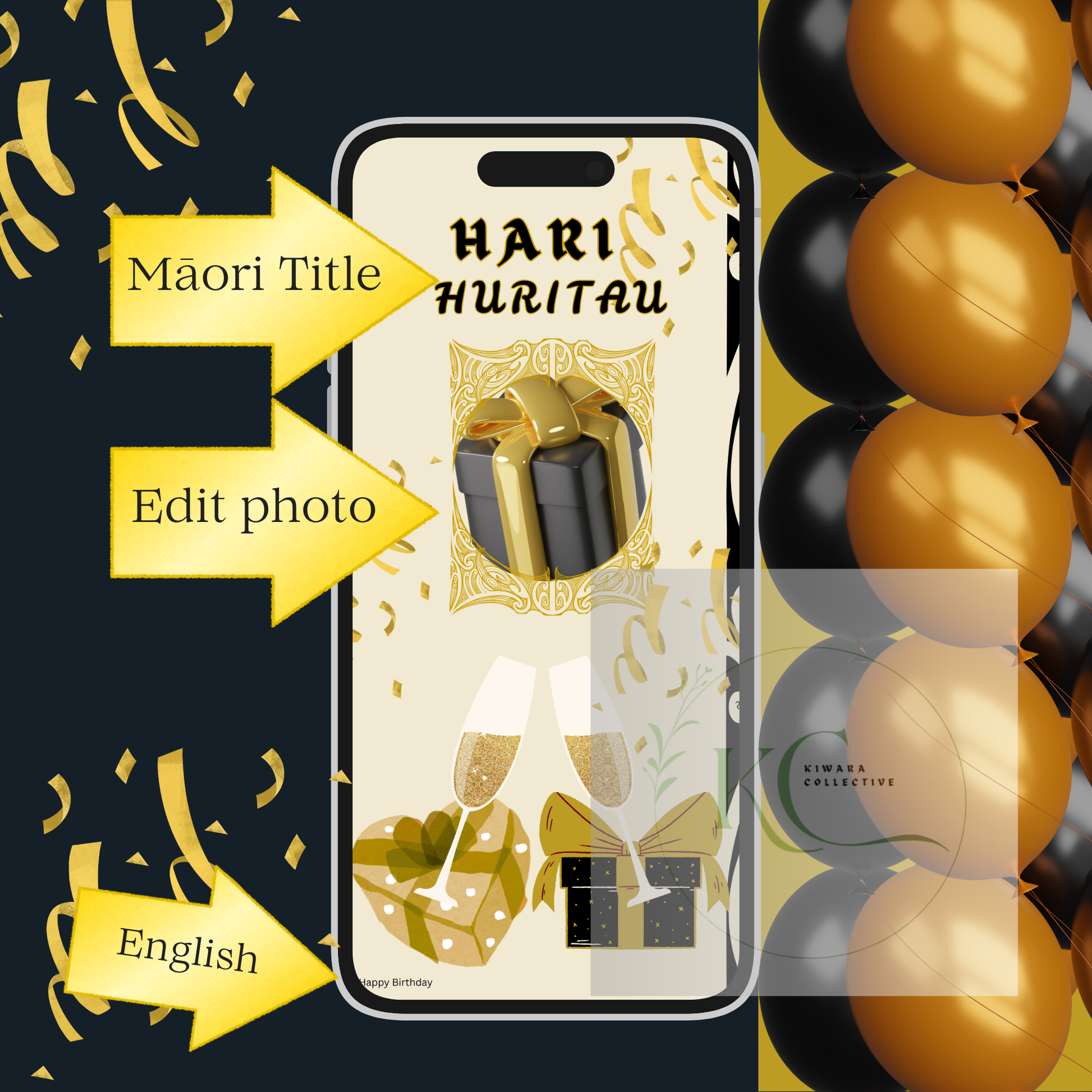 Bilingual Digital Birthday Card (Editable PDF + Bonus eBook) Black & Gold Theme