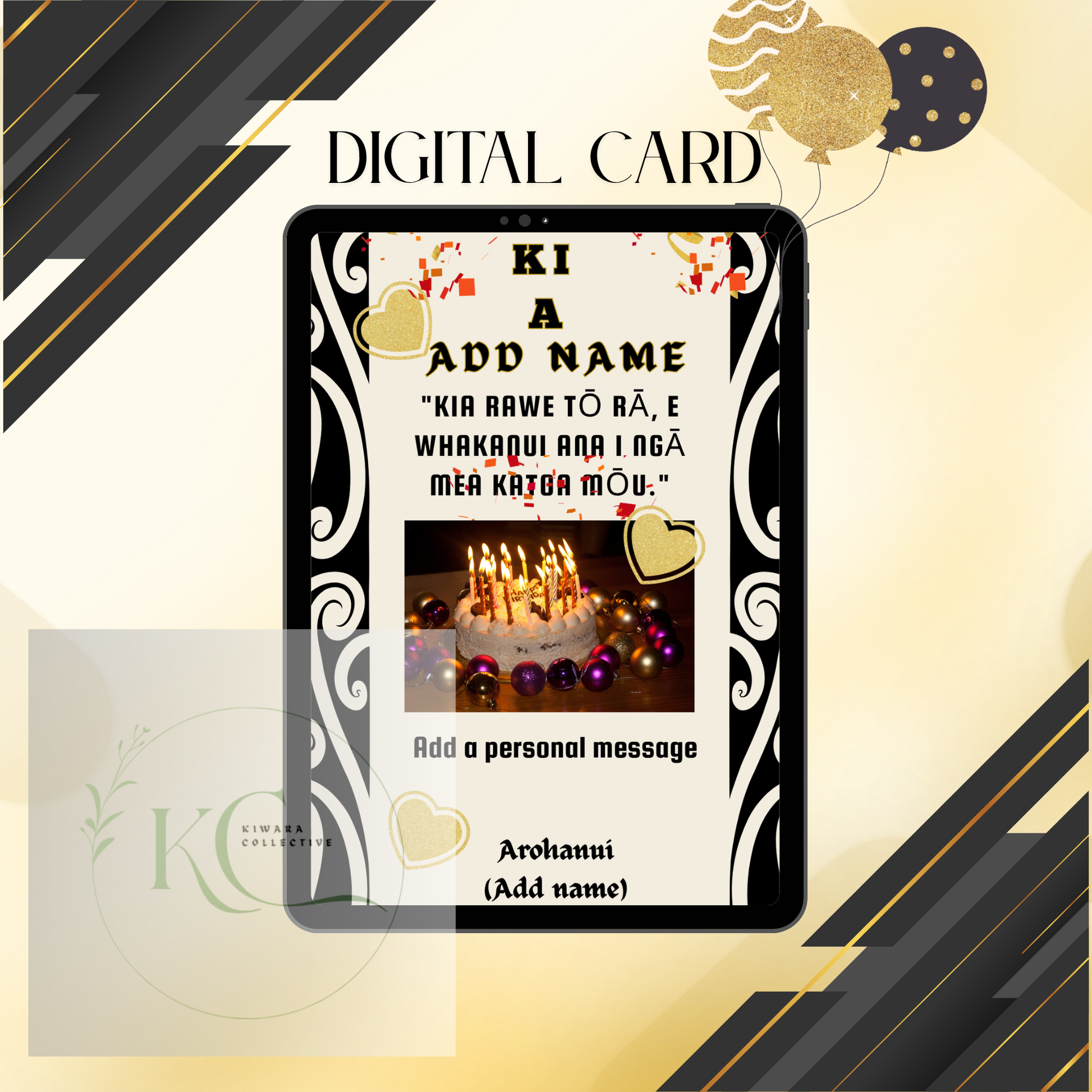 Bilingual Digital Birthday Card (Editable PDF + Bonus eBook) Black & Gold Theme