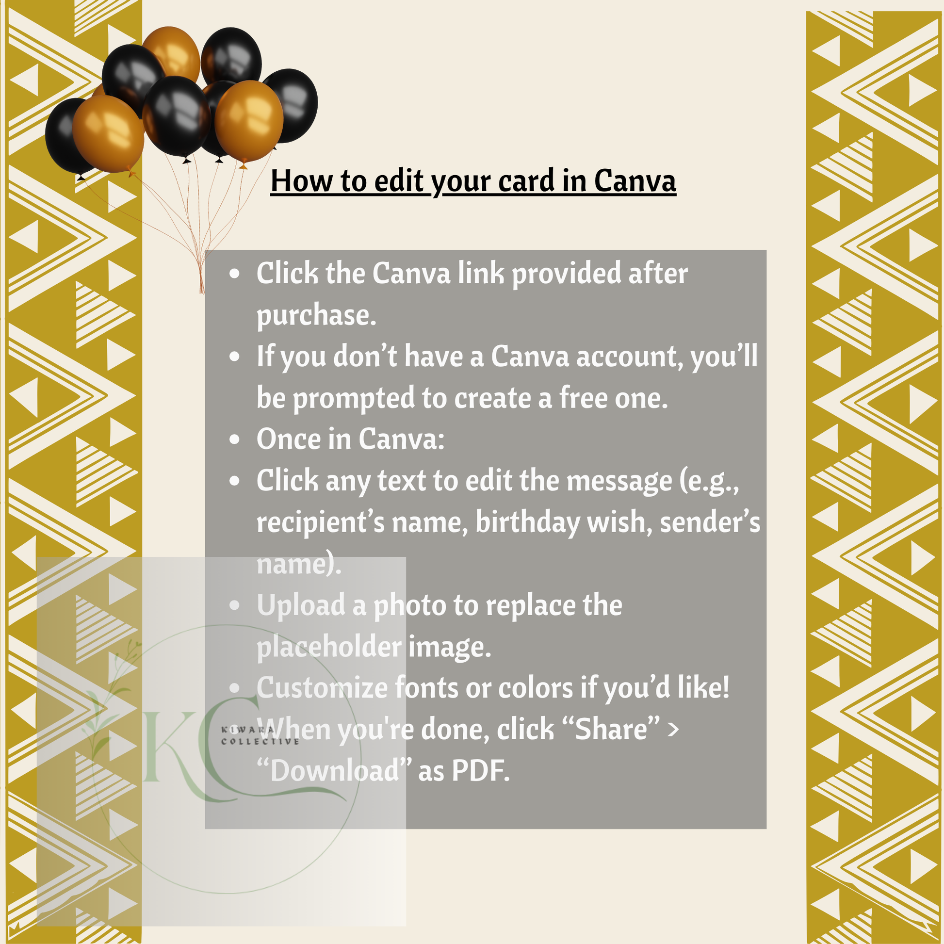 Bilingual Digital Birthday Card (Editable PDF + Bonus eBook) Black & Gold Theme