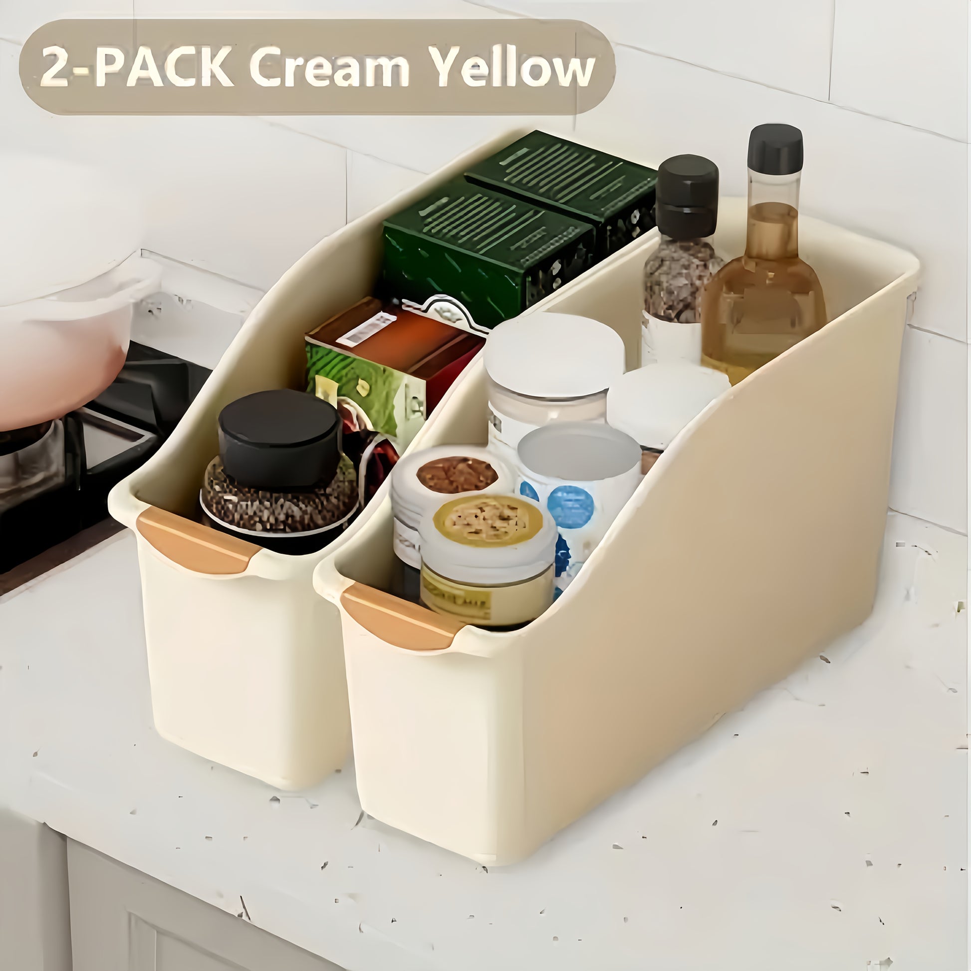 2pcs Curved Design Storage Boxes - Heavy-Duty Plastic Organizer, White Space-Saving Container, No Assembly Required for Under Sink, Pantry & Cabinet Organization - Suitable for Cleaning Supplies, Household Essentials & Kitche