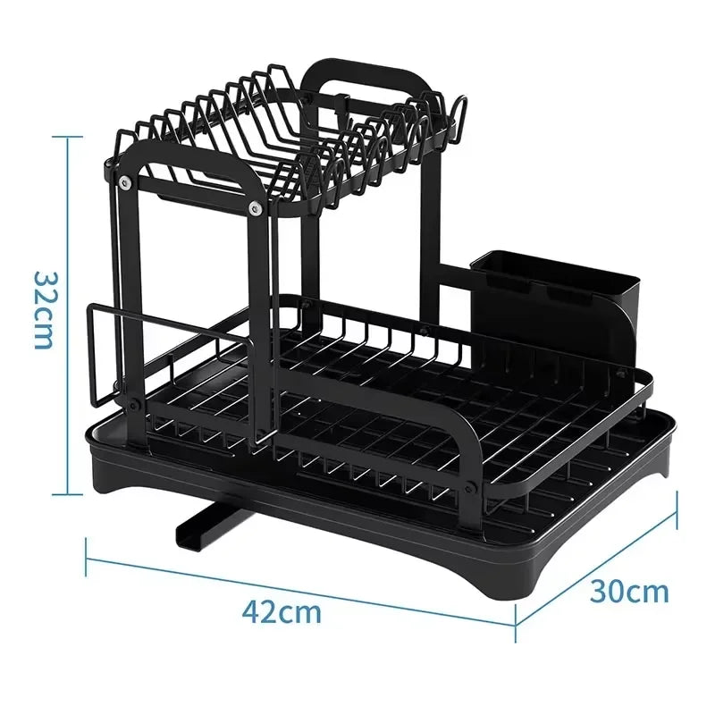 2 Tier Dish Drying Rack Black Kitchen Countertop Drainer with Drain Board Space Saving Storage Organizer