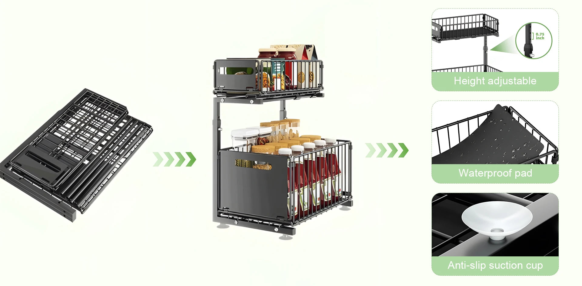 2 Tier Pull Out Cabinet Organizer Adjustable Kitchen Storage Rack Under Sink Organizer Spice Jar Storage Rack Slide Out Drawer