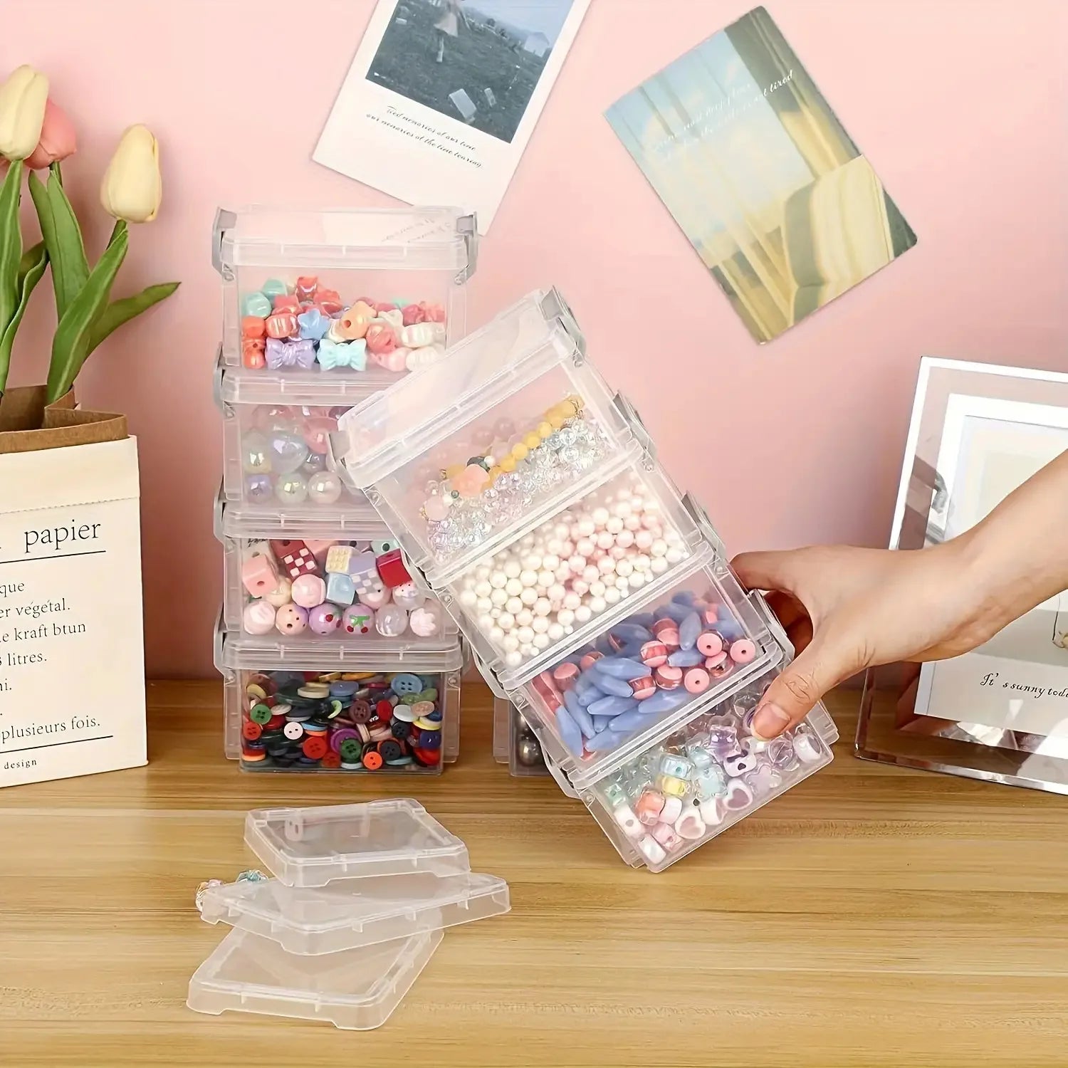 10 Transparent Plastic Storage Boxes with Gray Clasp - Stackable Small Organizer Bins for Craft Materials, Beads, Candy - Durabl