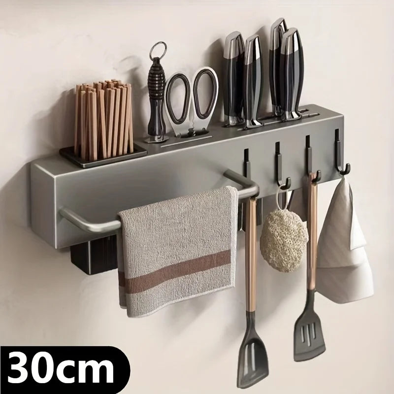 Heavy Duty Carbon Steel Wall Mounted Kitchen Organizer, No Drill Knife Rack for Knives Utensils Cutting Boards, Space Saving