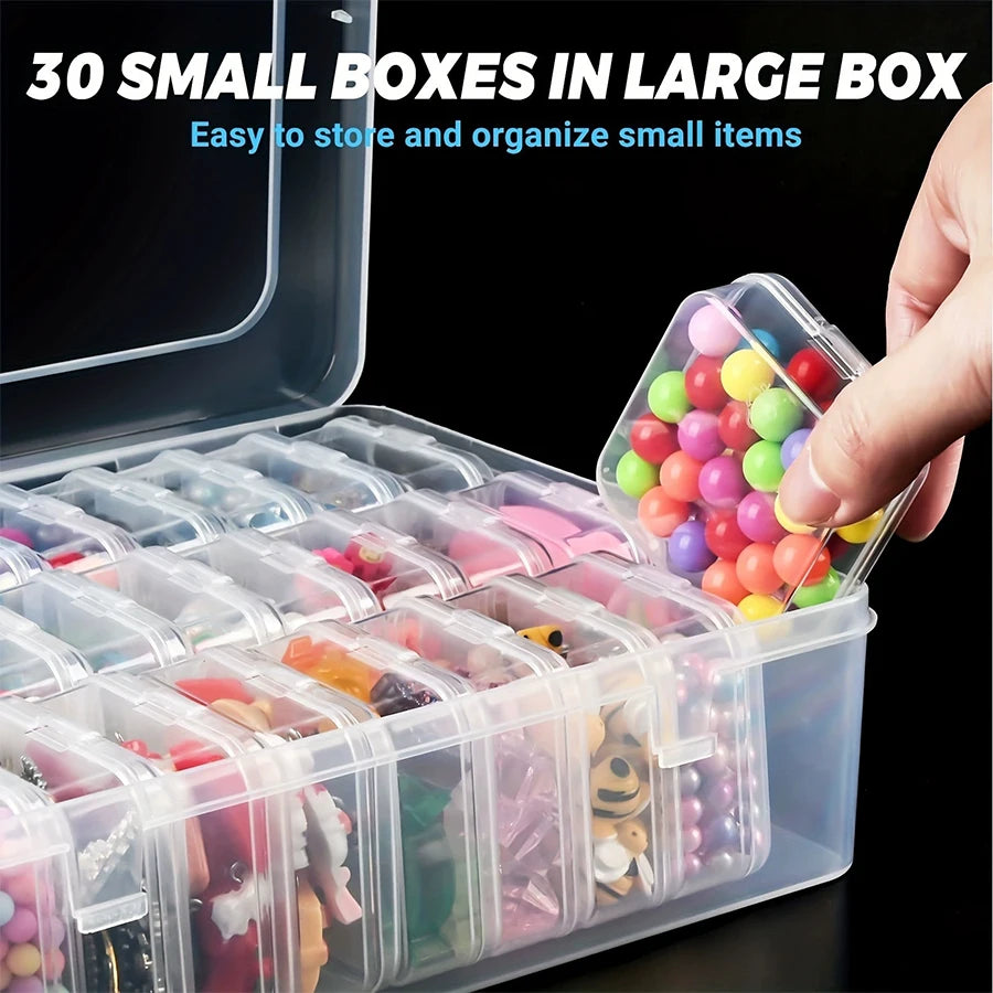 Durable plastic storage box, 14/30 compartments and small container - transparent jewelry and small item organizer