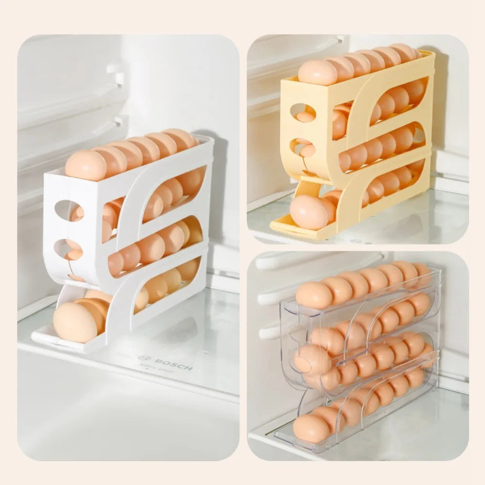 Large Capacity Automatic Egg Roller Household 3 Layer / 4 Layer Refrigerator Egg Storage Box Space Saving Kitchen Dedicated