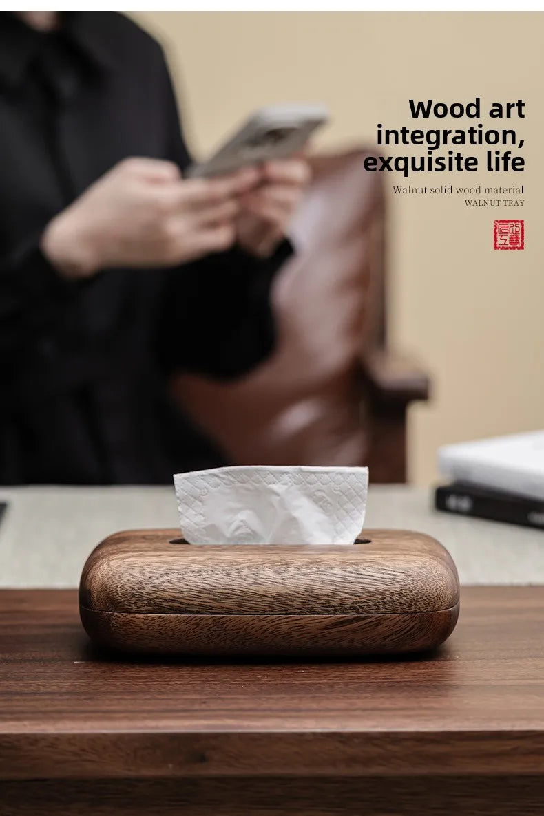 Walnut Tissue Box Cover - Modern Vintage Design, Premium Wood, for Desk & Bathroom Decor. Easy Refill, Polished Finish