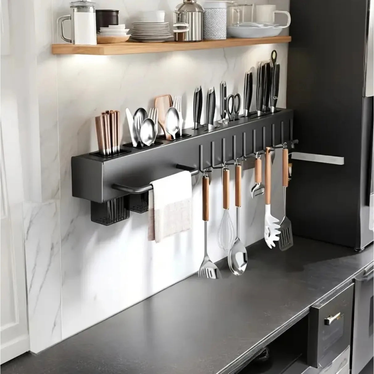 Heavy Duty Carbon Steel Wall Mounted Kitchen Organizer, No Drill Knife Rack for Knives Utensils Cutting Boards, Space Saving