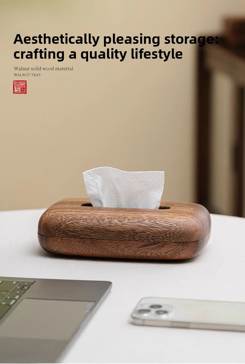 Walnut Tissue Box Cover - Modern Vintage Design, Premium Wood, for Desk & Bathroom Decor. Easy Refill, Polished Finish