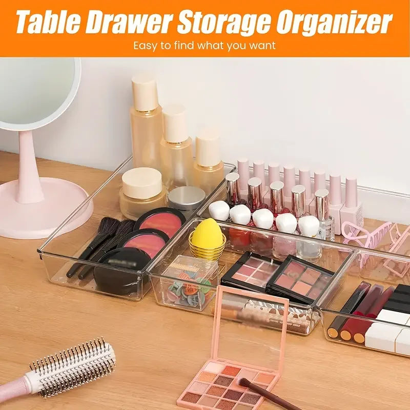 10-Piece Versatile Drawer Organizer Set - Clear Plastic Trays and Dividers in 4 Sizes for Perfect Makeup and Kitchen Storage
