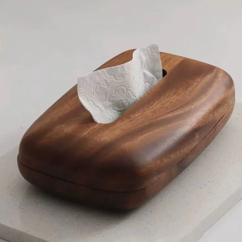 Walnut Tissue Box Cover - Modern Vintage Design, Premium Wood, for Desk & Bathroom Decor. Easy Refill, Polished Finish