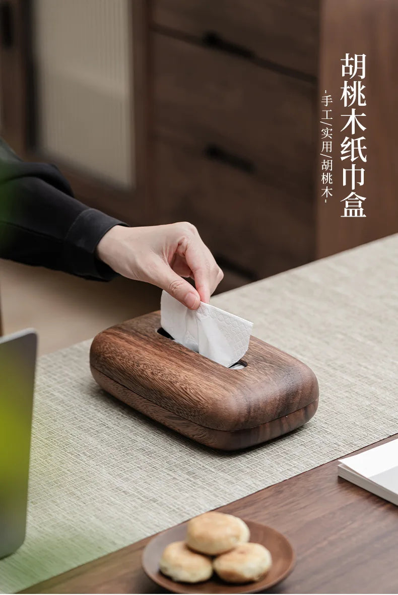 Walnut Tissue Box Cover - Modern Vintage Design, Premium Wood, for Desk & Bathroom Decor. Easy Refill, Polished Finish