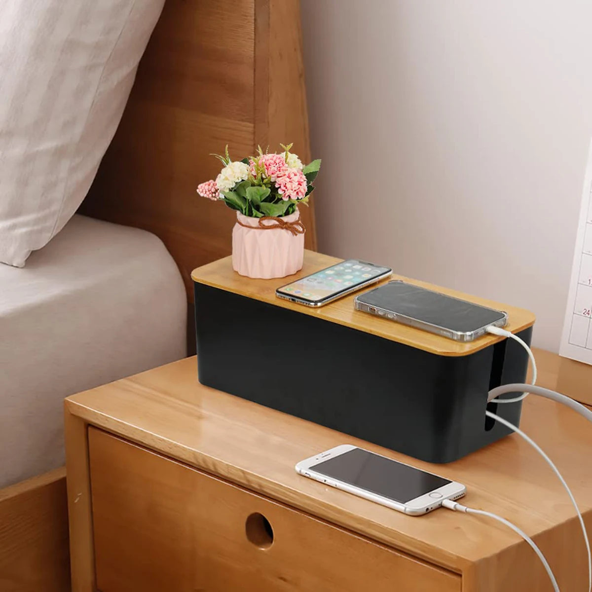 Cable Storage Box Wooden Power Line Storage Case Dustproof Charger Socket Organizer Wire Case Home Cable Winder Organizer