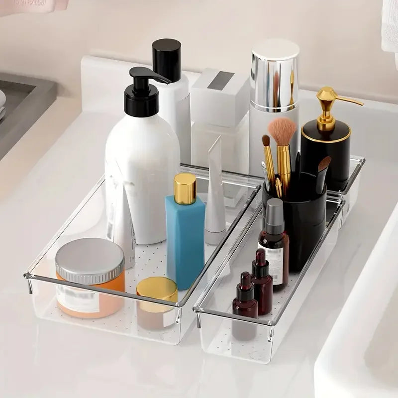 10-Piece Versatile Drawer Organizer Set - Clear Plastic Trays and Dividers in 4 Sizes for Perfect Makeup and Kitchen Storage