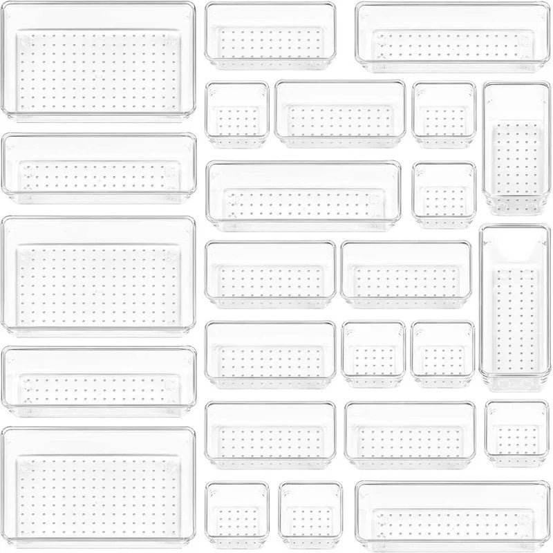 10-Piece Versatile Drawer Organizer Set - Clear Plastic Trays and Dividers in 4 Sizes for Perfect Makeup and Kitchen Storage