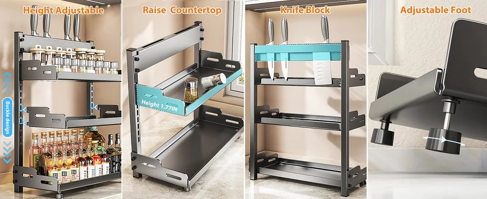 3 Tier Spice Storage Rack for Countertop Adjustable Spice Organization for Cabinet Kitchen Organizer Metal Shelf Black
