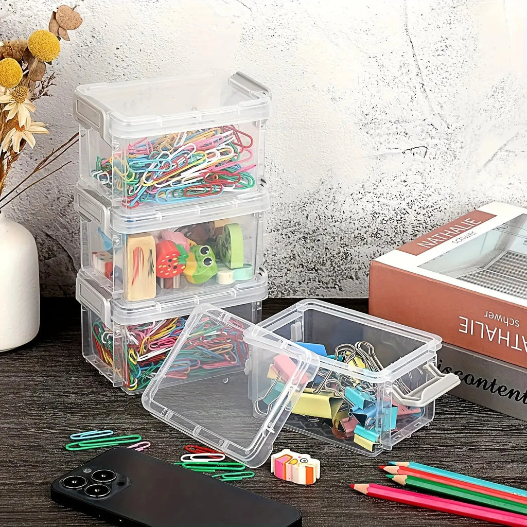 10 Transparent Plastic Storage Boxes with Gray Clasp - Stackable Small Organizer Bins for Craft Materials, Beads, Candy - Durabl
