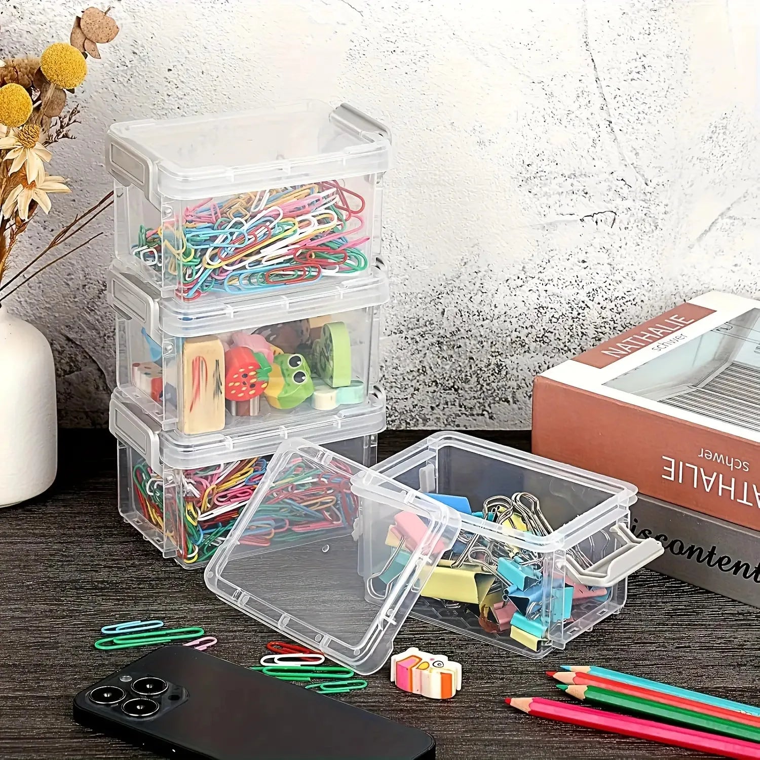 10 Transparent Plastic Storage Boxes with Gray Clasp - Stackable Small Organizer Bins for Craft Materials, Beads, Candy - Durabl