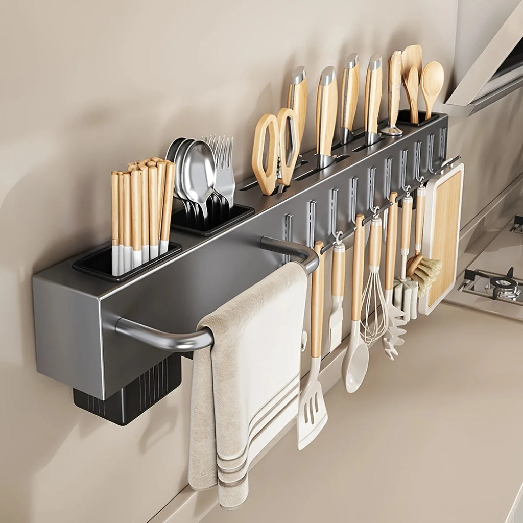 Heavy Duty Carbon Steel Wall Mounted Kitchen Organizer, No Drill Knife Rack for Knives Utensils Cutting Boards, Space Saving