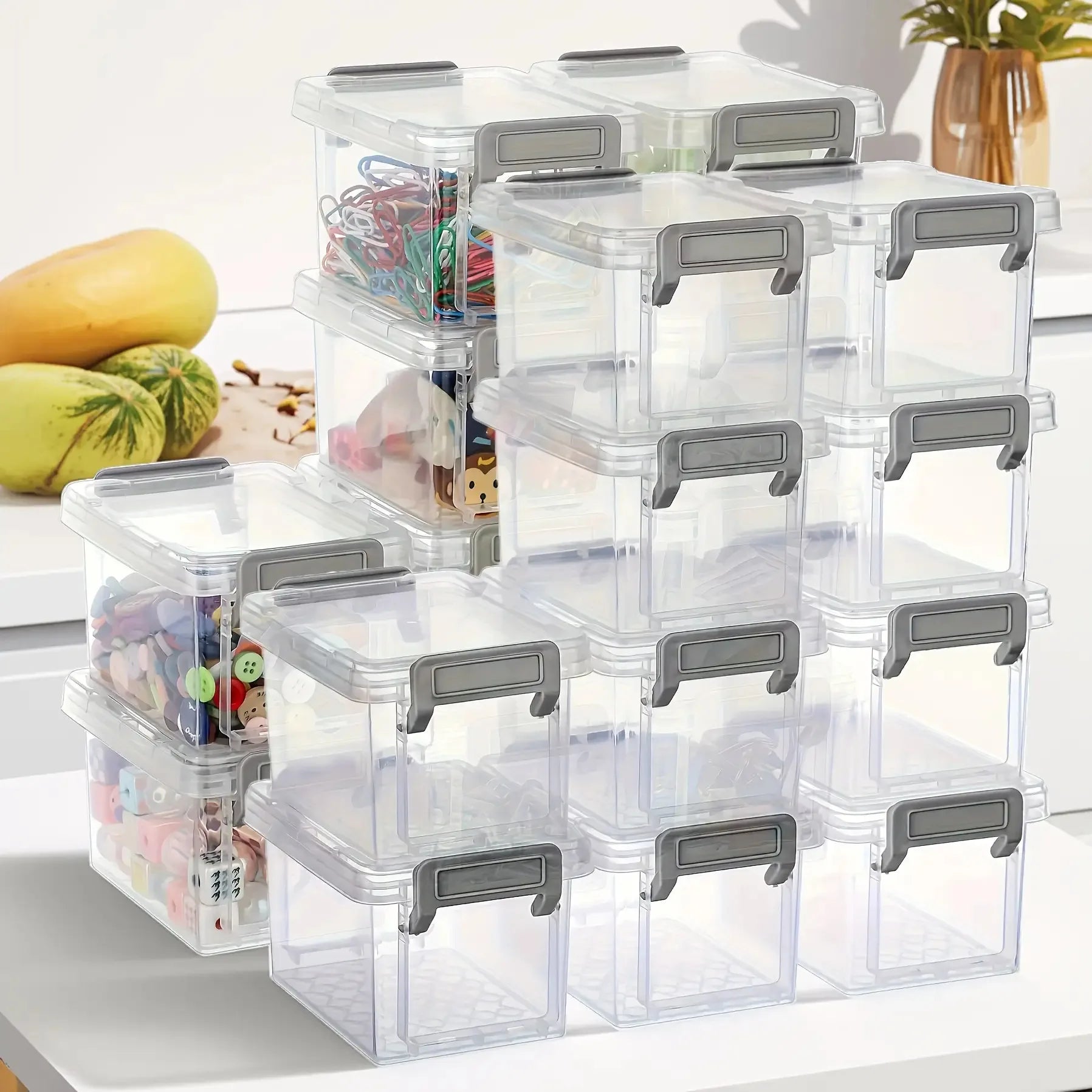 10 Transparent Plastic Storage Boxes with Gray Clasp - Stackable Small Organizer Bins for Craft Materials, Beads, Candy - Durabl