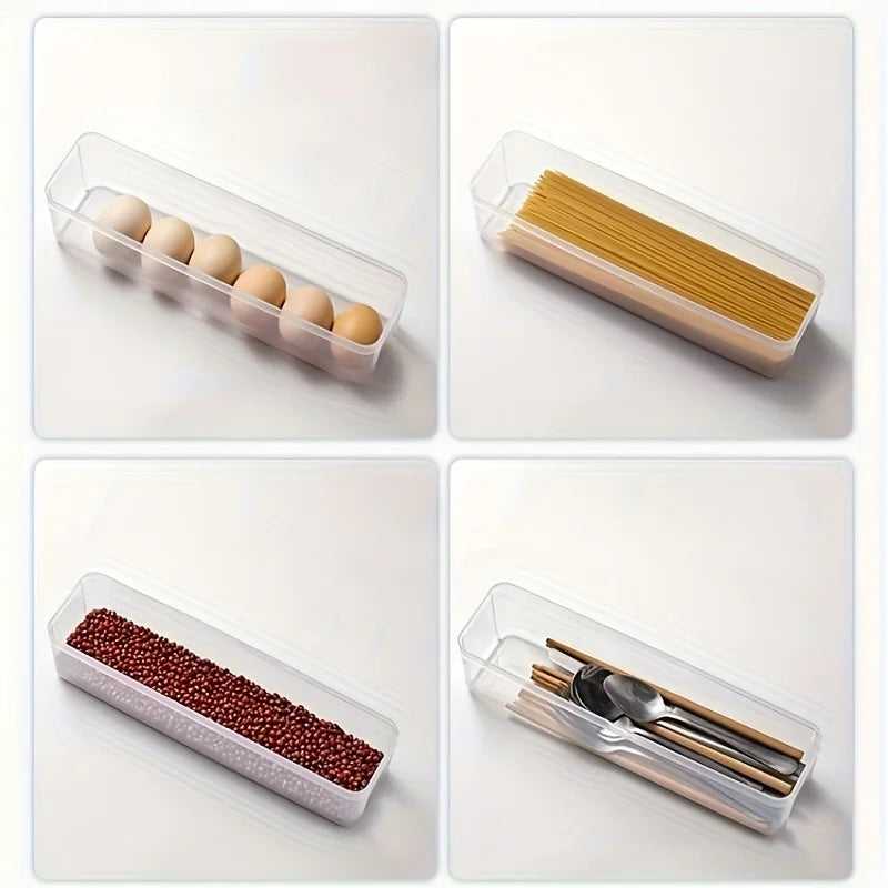 4 Pcs Long Rectangular Food Storage Containers, Plastic Reusable Refrigerator Organizer Boxes Kitchen Accessories