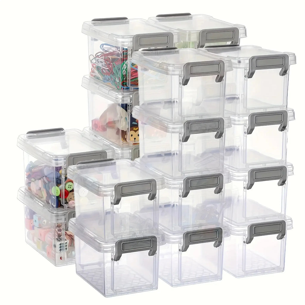 10 Transparent Plastic Storage Boxes with Gray Clasp - Stackable Small Organizer Bins for Craft Materials, Beads, Candy - Durabl