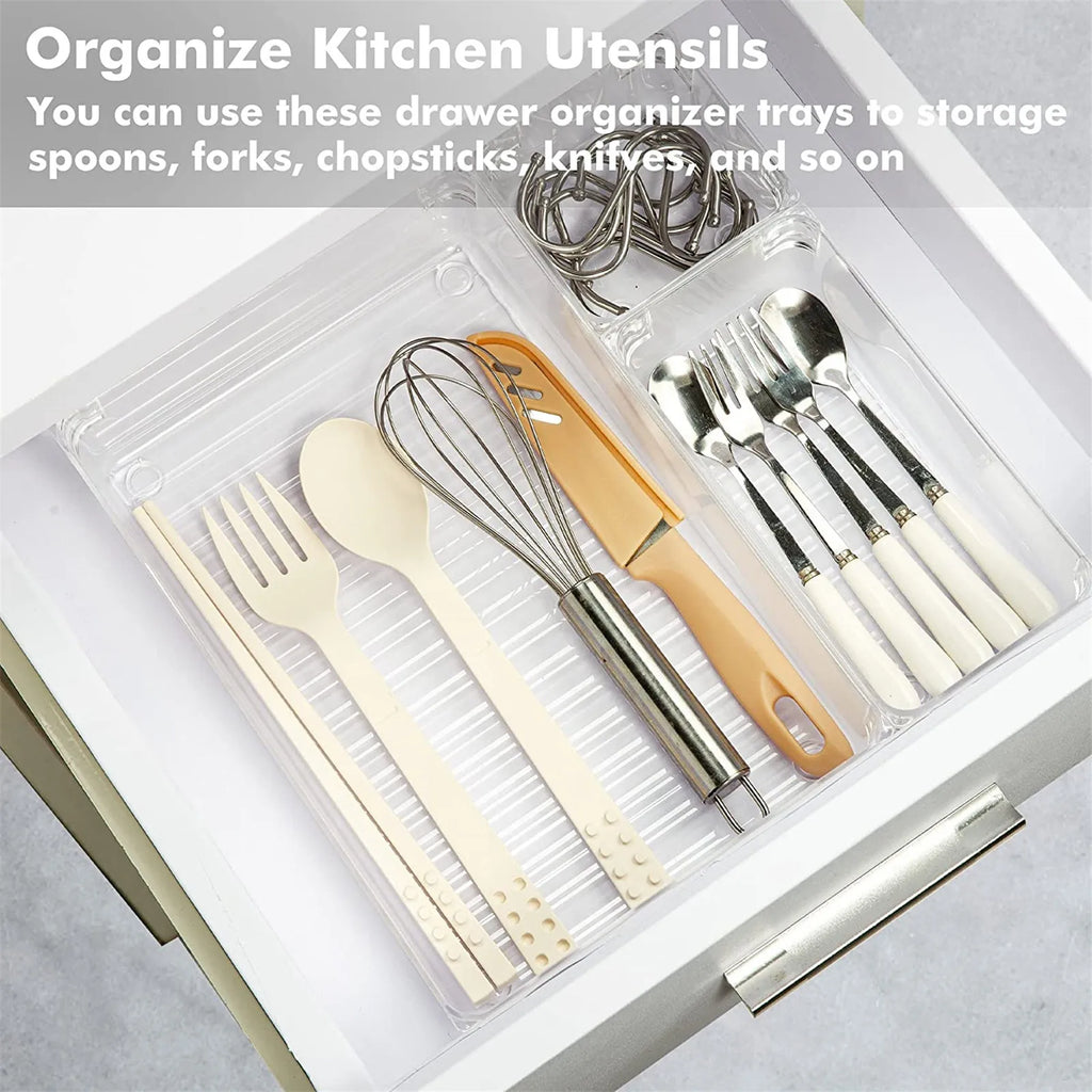 10-Piece Versatile Drawer Organizer Set - Clear Plastic Trays and Dividers in 4 Sizes for Perfect Makeup and Kitchen Storage