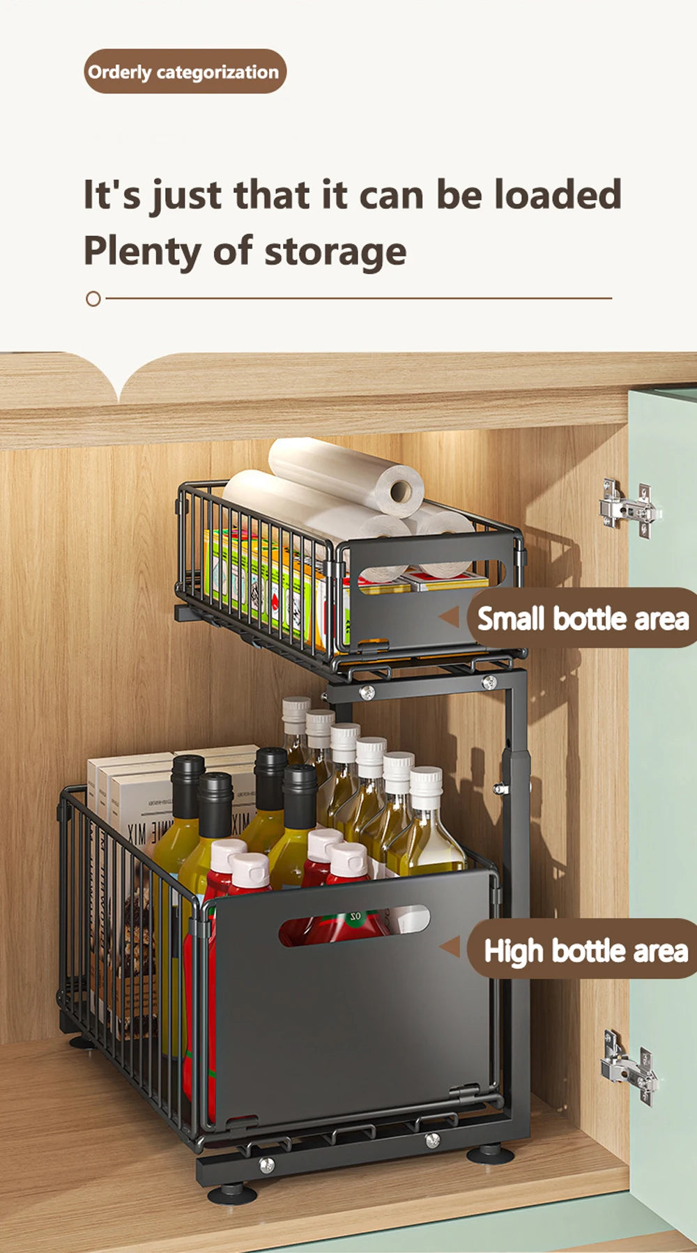 2 Tier Pull Out Cabinet Organizer Adjustable Kitchen Storage Rack Under Sink Organizer Spice Jar Storage Rack Slide Out Drawer