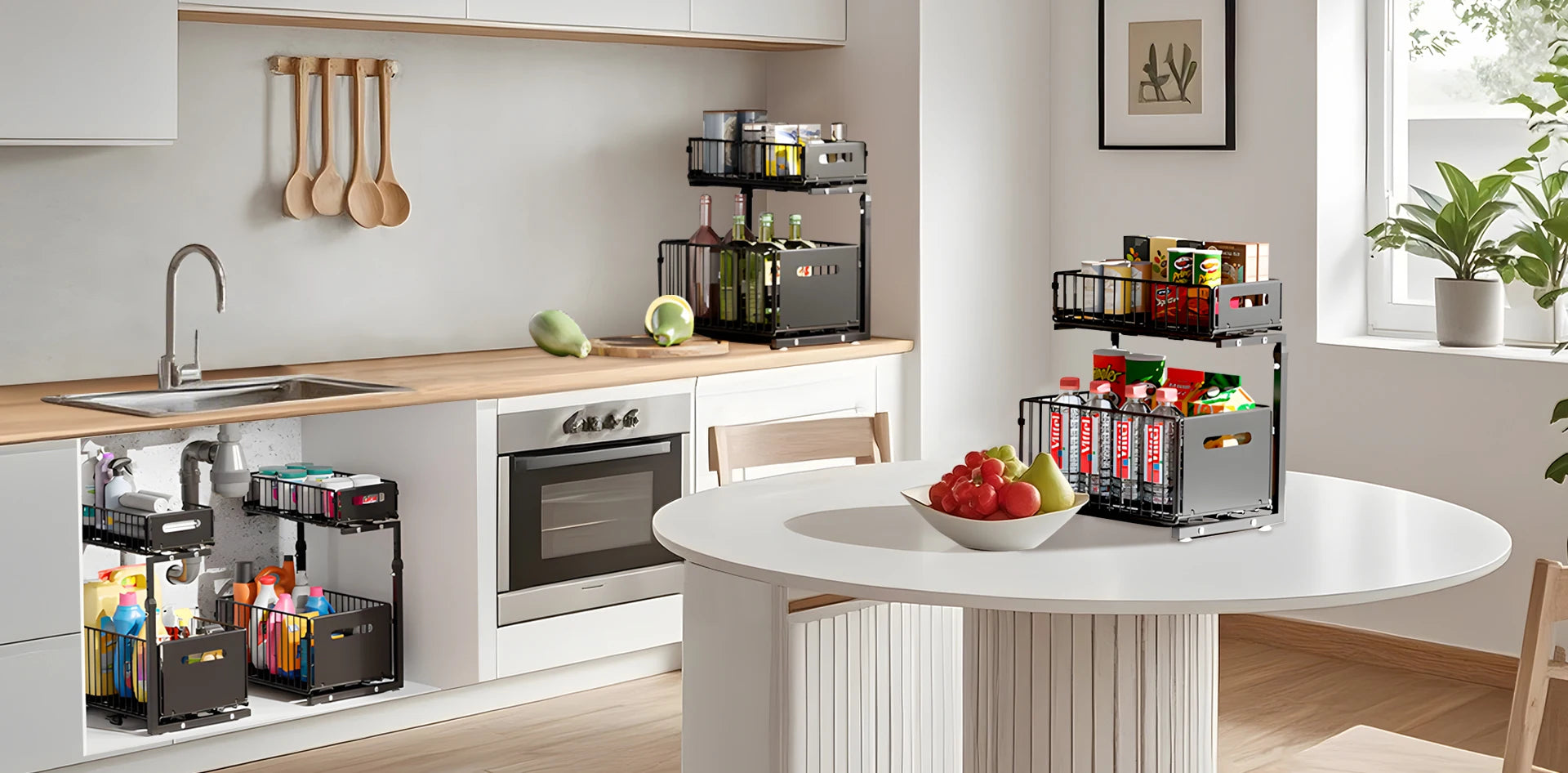 2 Tier Pull Out Cabinet Organizer Adjustable Kitchen Storage Rack Under Sink Organizer Spice Jar Storage Rack Slide Out Drawer