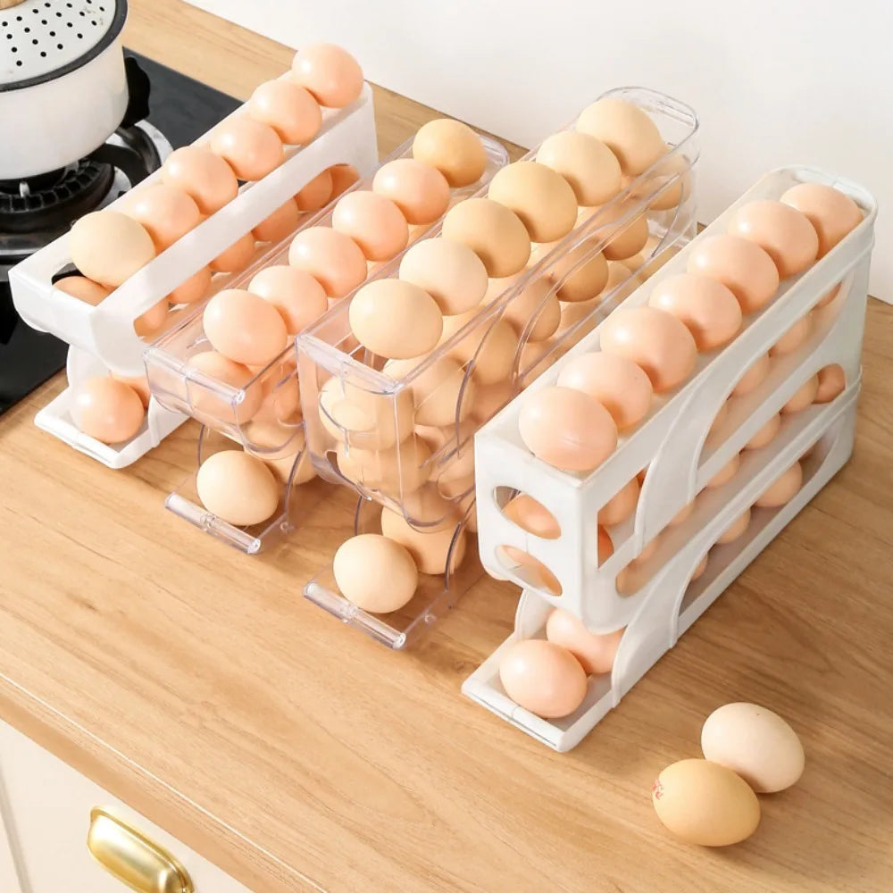 Large Capacity Automatic Egg Roller Household 3 Layer / 4 Layer Refrigerator Egg Storage Box Space Saving Kitchen Dedicated