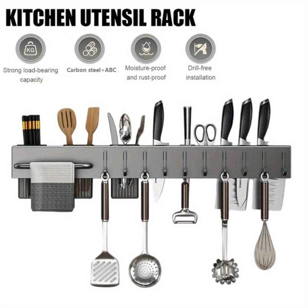Heavy Duty Carbon Steel Wall Mounted Kitchen Organizer, No Drill Knife Rack for Knives Utensils Cutting Boards, Space Saving