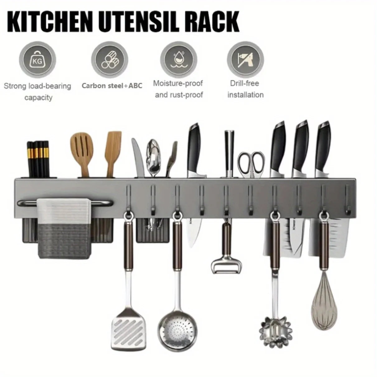 Heavy Duty Carbon Steel Wall Mounted Kitchen Organizer, No Drill Knife Rack for Knives Utensils Cutting Boards, Space Saving