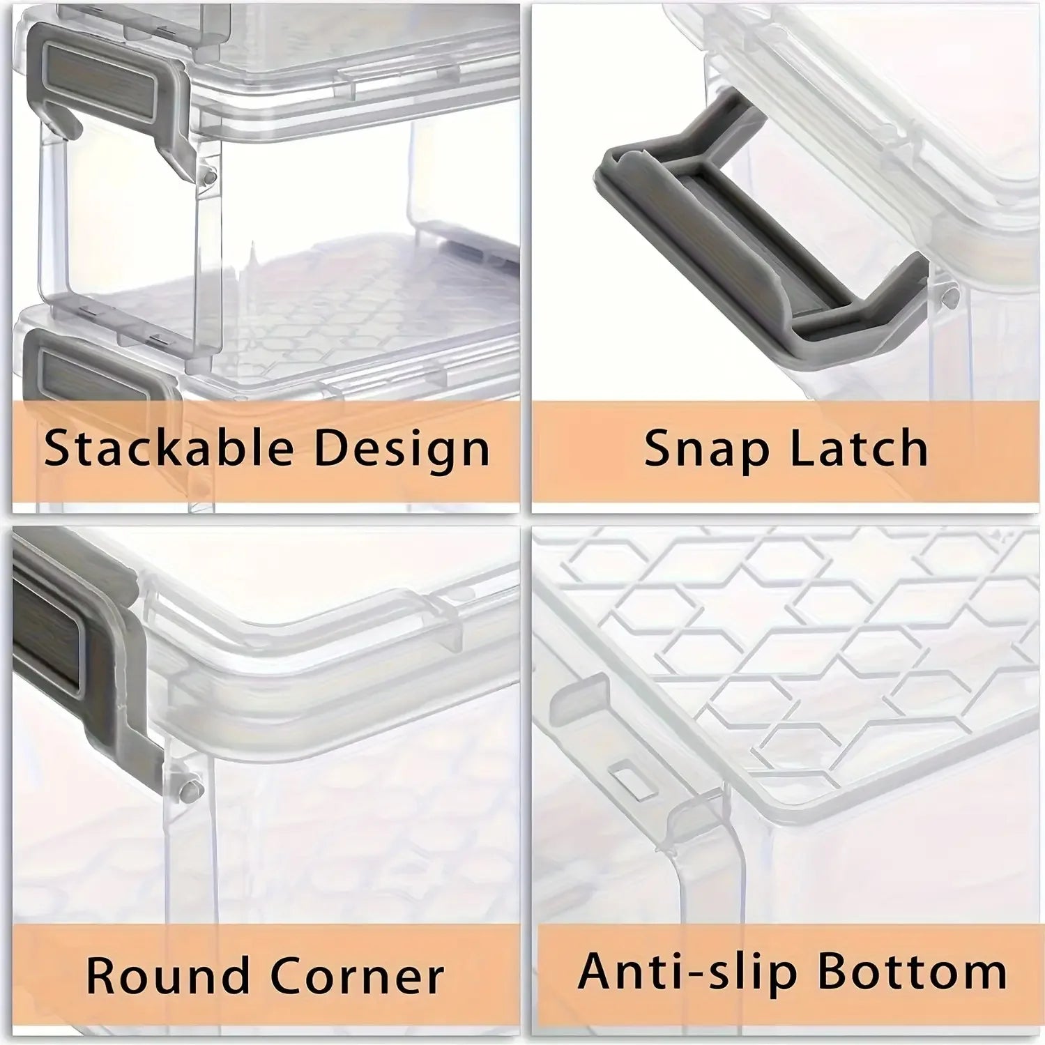 10 Transparent Plastic Storage Boxes with Gray Clasp - Stackable Small Organizer Bins for Craft Materials, Beads, Candy - Durabl