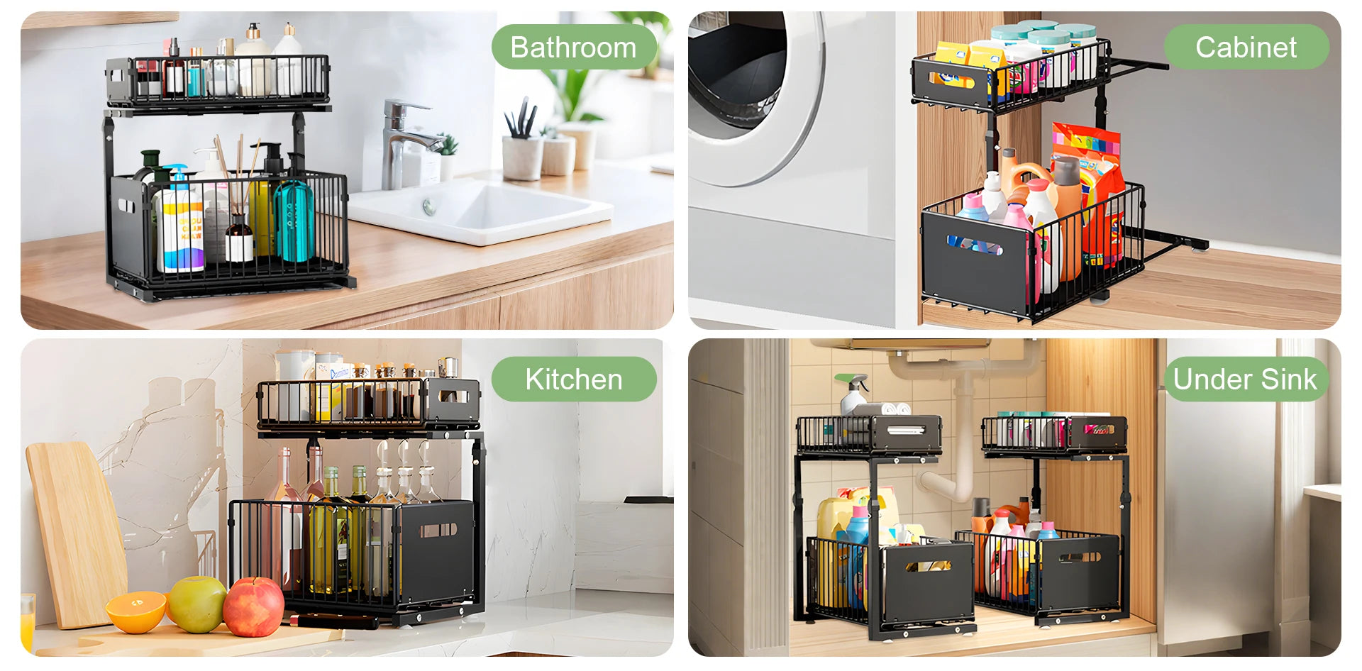 2 Tier Pull Out Cabinet Organizer Adjustable Kitchen Storage Rack Under Sink Organizer Spice Jar Storage Rack Slide Out Drawer