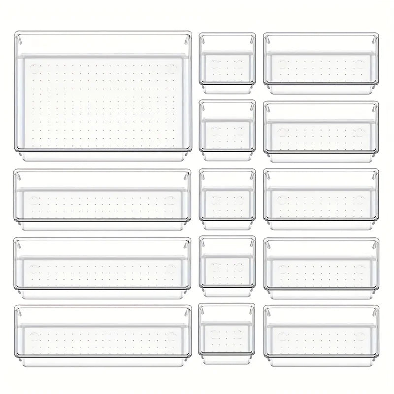 10-Piece Versatile Drawer Organizer Set - Clear Plastic Trays and Dividers in 4 Sizes for Perfect Makeup and Kitchen Storage