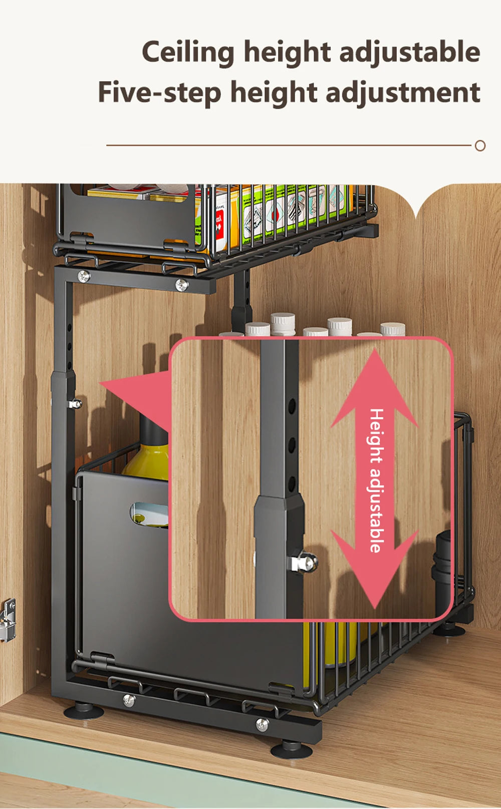 2 Tier Pull Out Cabinet Organizer Adjustable Kitchen Storage Rack Under Sink Organizer Spice Jar Storage Rack Slide Out Drawer