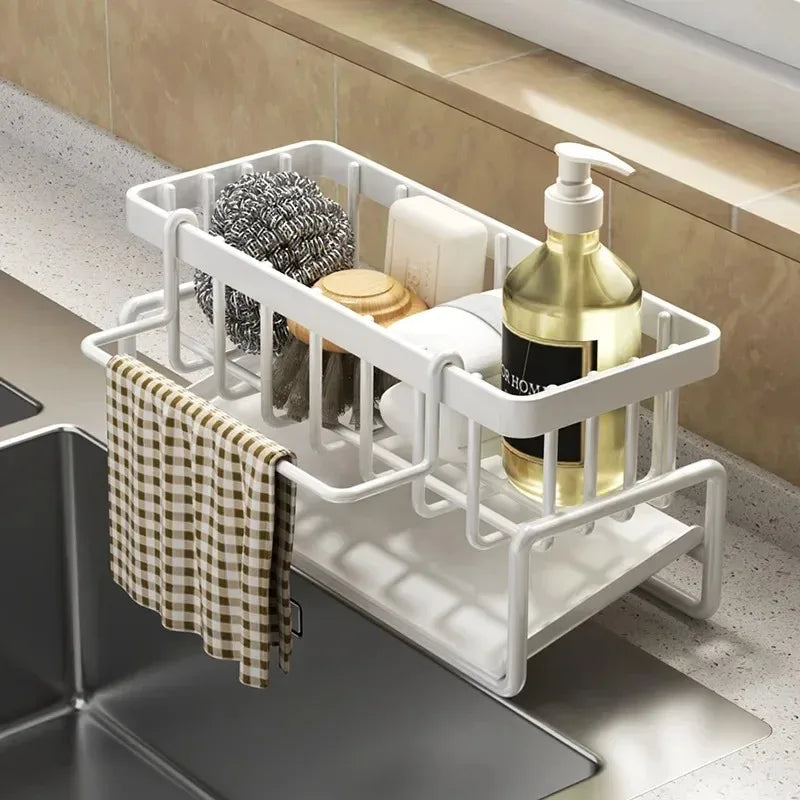1Pc Multifunctional Plastic Kitchen Shelf Rag Storage Drainage Shelf,No-Punch Adhesive Spice Rack,Sink Tap Drain Rack with Hooks