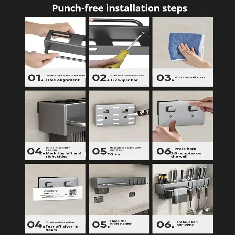 Heavy Duty Carbon Steel Wall Mounted Kitchen Organizer, No Drill Knife Rack for Knives Utensils Cutting Boards, Space Saving