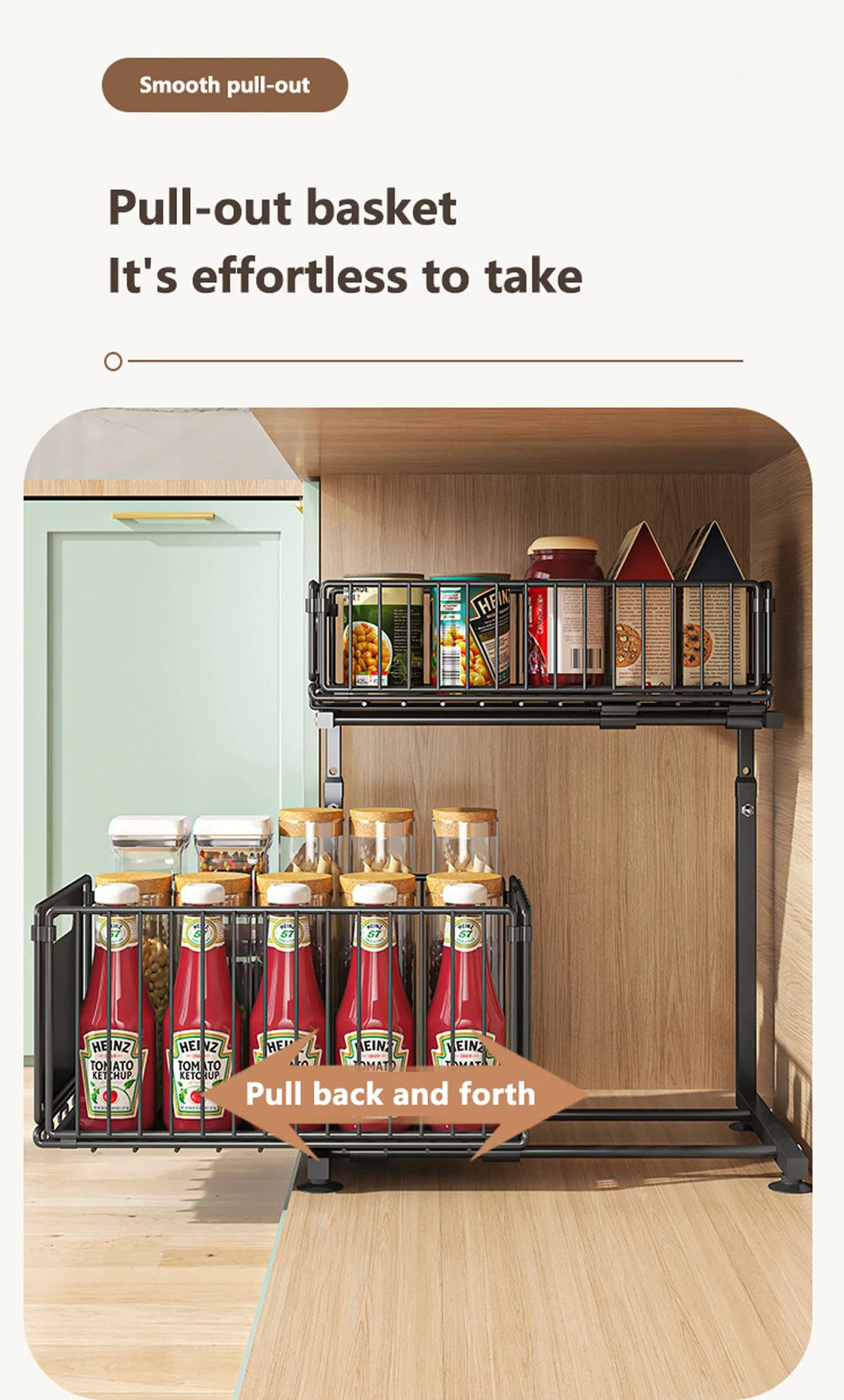 2 Tier Pull Out Cabinet Organizer Adjustable Kitchen Storage Rack Under Sink Organizer Spice Jar Storage Rack Slide Out Drawer