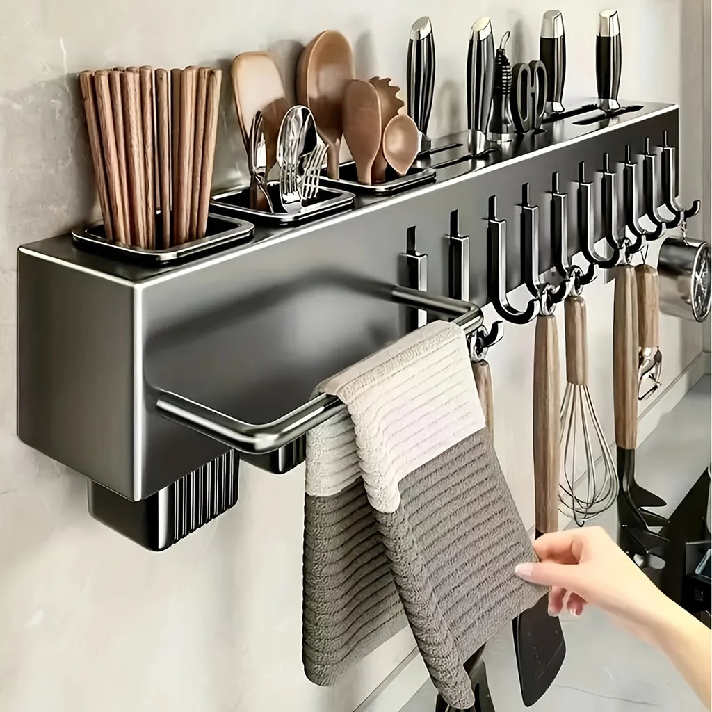 Heavy Duty Carbon Steel Wall Mounted Kitchen Organizer, No Drill Knife Rack for Knives Utensils Cutting Boards, Space Saving