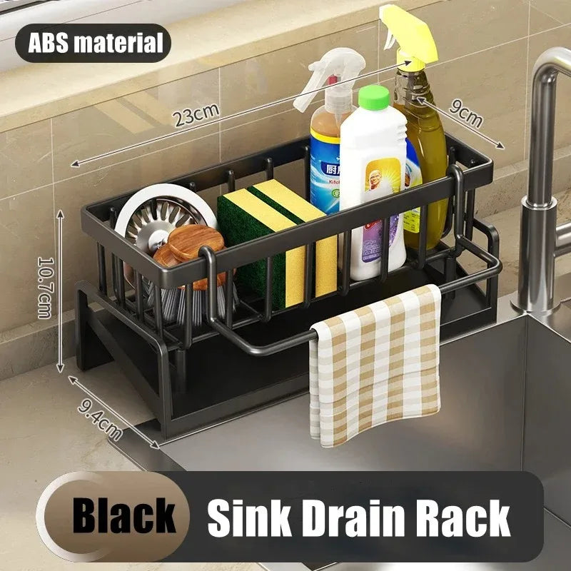 1Pc Multifunctional Plastic Kitchen Shelf Rag Storage Drainage Shelf,No-Punch Adhesive Spice Rack,Sink Tap Drain Rack with Hooks