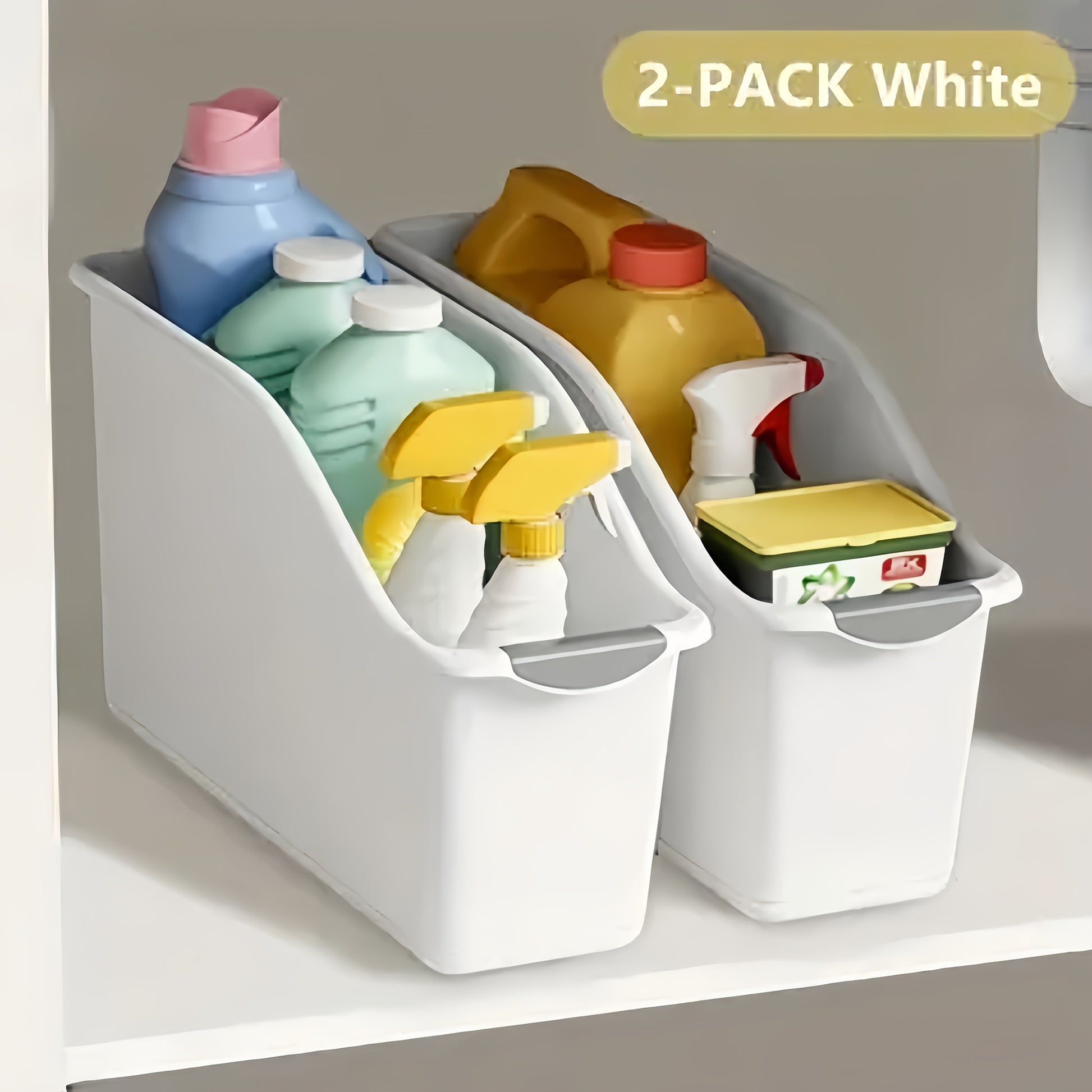 2pcs Curved Design Storage Boxes - Heavy-Duty Plastic Organizer, White Space-Saving Container, No Assembly Required for Under Sink, Pantry & Cabinet Organization - Suitable for Cleaning Supplies, Household Essentials & Kitche
